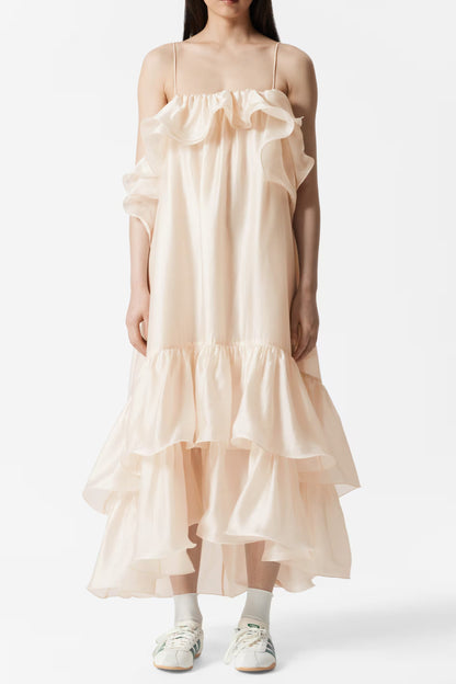 hedwig off-shoulder floral printed ruffle maxi dress in beige