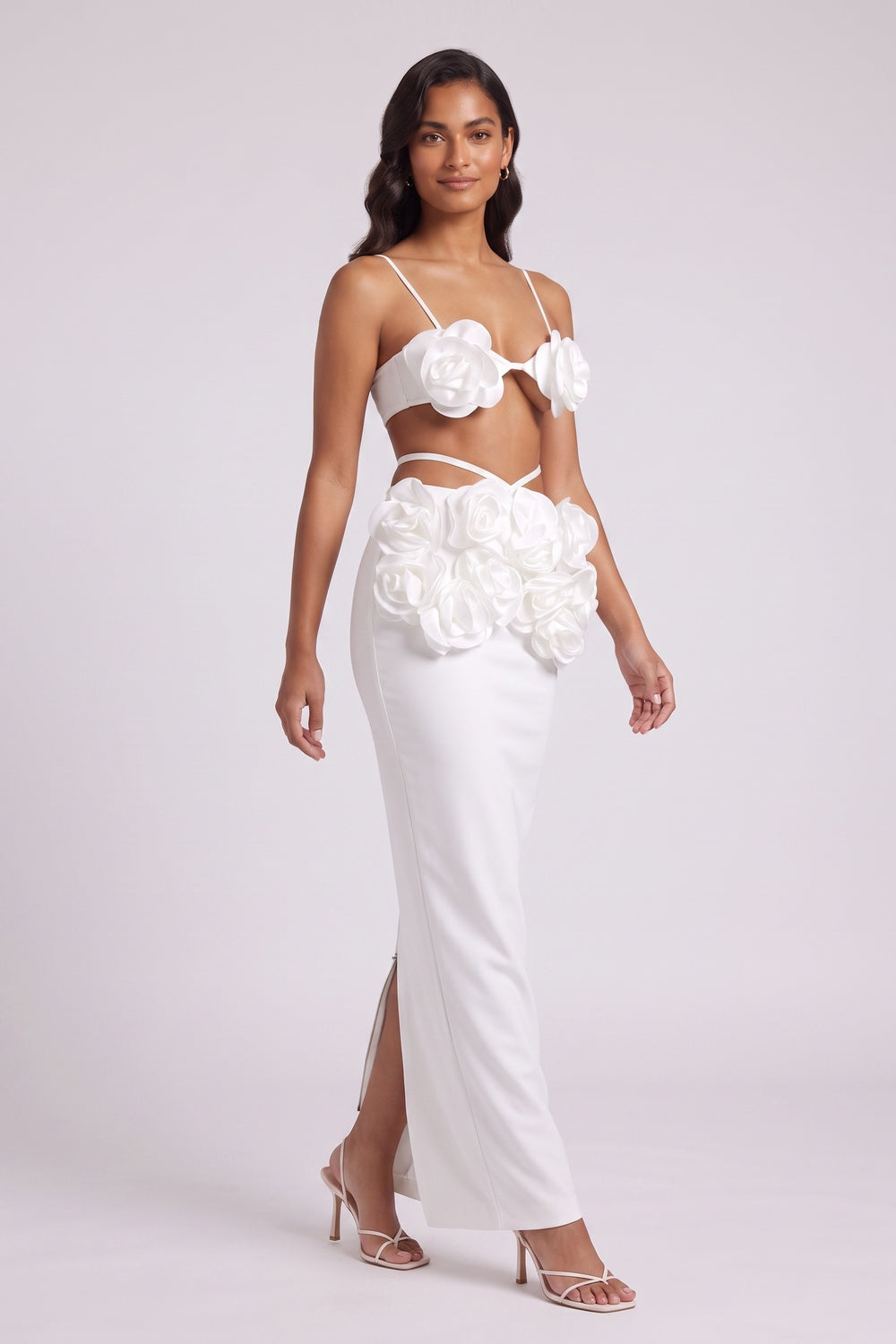 White Structured crepe or heavy satin Fitted column Two-piece set (bralette top and maxi skirt) White Structured crepe or heavy satin Two-piece set (bralette top and maxi skirt) - product view 2
