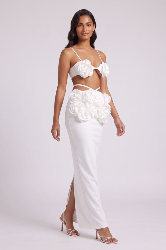 White Structured crepe or heavy satin Fitted column Two-piece set (bralette top and maxi skirt) White Structured crepe or heavy satin Two-piece set (bralette top and maxi skirt) - product view 2