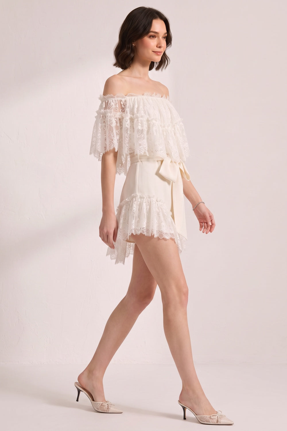 Off Shoulder Ruffled Lace Satin Bow Two Piece Short Set