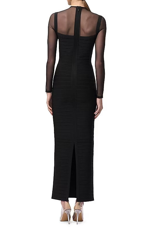 tina black long-sleeve mesh see-through bandage maxi dress