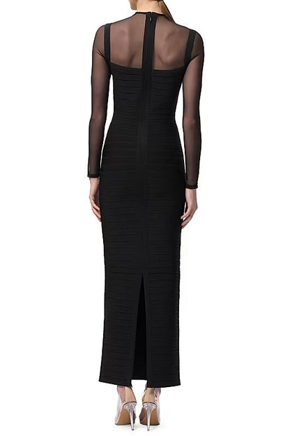 tina black long-sleeve mesh see-through bandage maxi dress