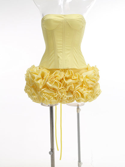 amy flower embellished mini skirt corset set in yellow