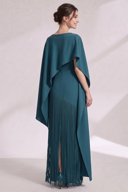 Teal Matte Crepe Column Evening Gown with Asymmetrical Cape Overlay teal matte crepe evening gown - product view 5