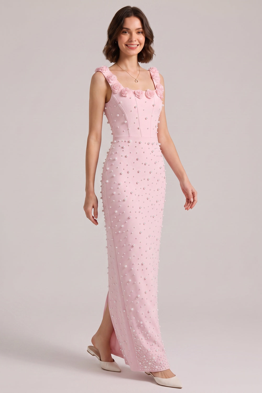Pink 3D Rose Strap All Over Pearl Beaded Mermaid Maxi Gown