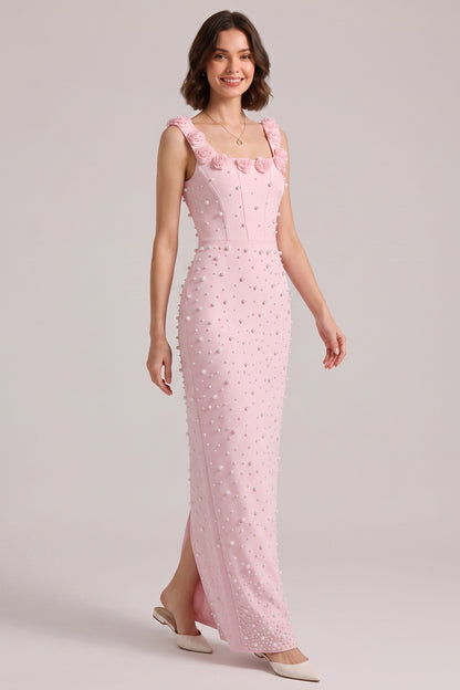 Pink 3D Rose Strap All Over Pearl Beaded Mermaid Maxi Gown