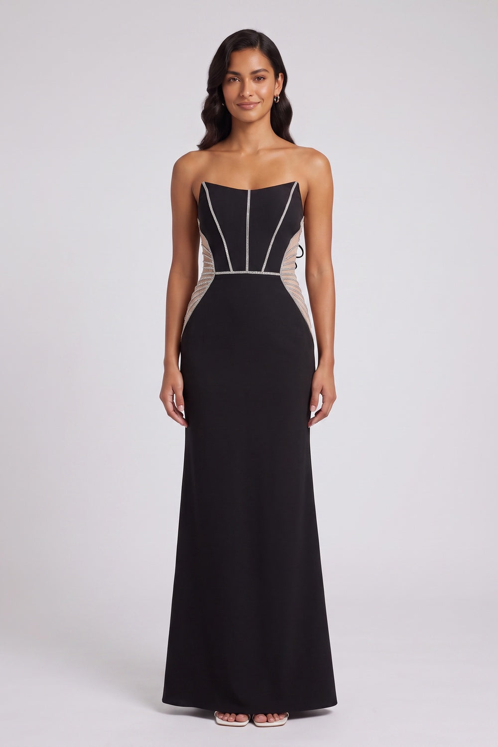 Black Lace-Up Back Maxi Dress with Embellished Mesh Panels Premium Fabric - product view 2