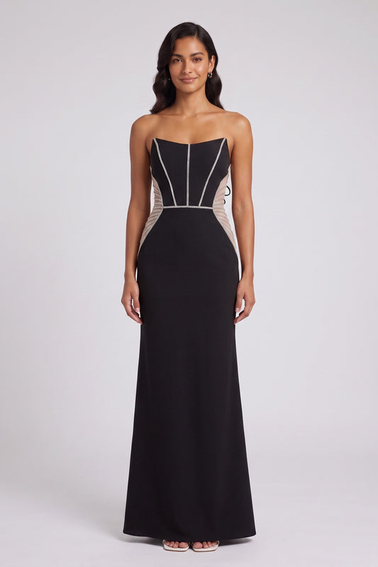 Black Lace-Up Back Maxi Dress with Embellished Mesh Panels Premium Fabric - product view 2