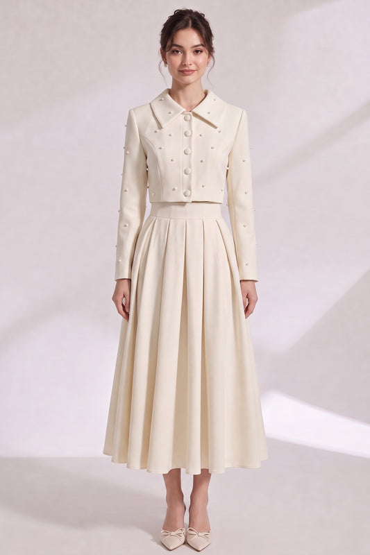 Pearl Embellished Collar Crop Blazer &amp; High Waist Pleated Midi Skirt Two Piece Set