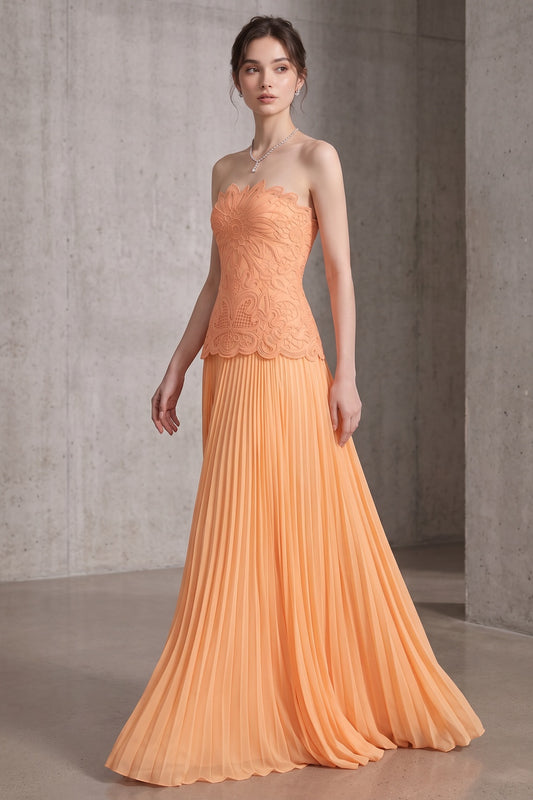 peach chiffon A-line with fitted drop-waist bodice gown peach chiffon gown - product view 2
