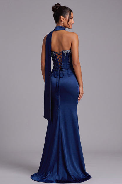 Deep Blue Strapless Evening Gown with Rhinestone Bodice and Cape Detail Premium Fabric - product view 5