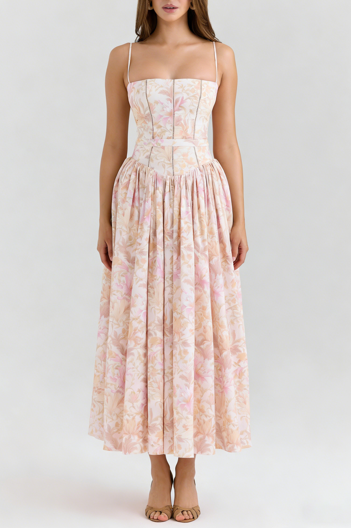 Helen Floral Stretch Cotton Midi Dress - Peach