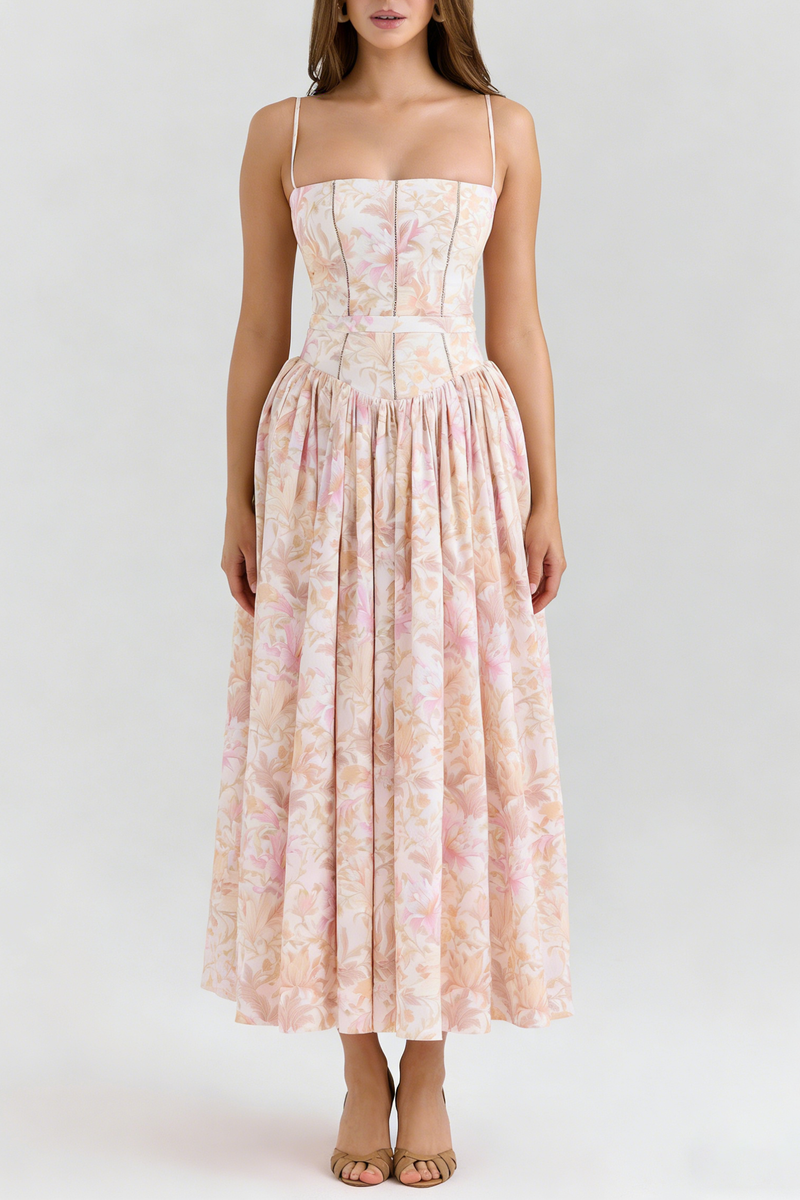 Helen Floral Stretch Cotton Midi Dress - Peach