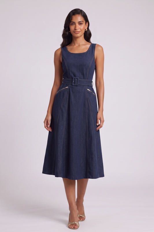 Dark Blue Denim Fit-and-Flare Midi Dress dark blue denim dress - product view 3
