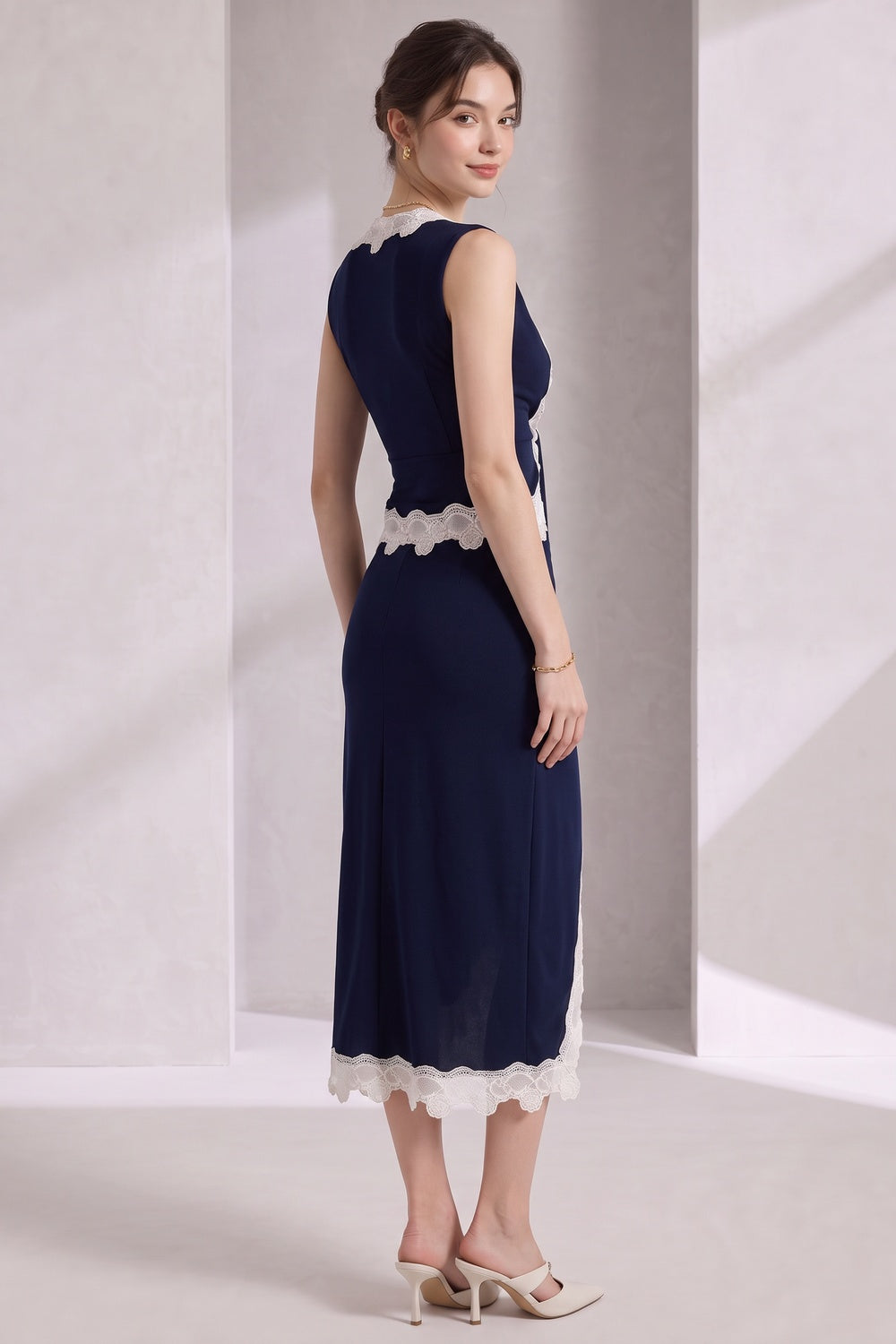 Dark Navy Blue Stretch Jersey Fitted Two-Piece Set with White Scalloped Lace Trim dark navy blue stretch jersey two-piece set - product view 4