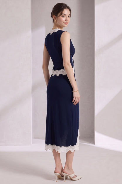 Dark Navy Blue Stretch Jersey Fitted Two-Piece Set with White Scalloped Lace Trim dark navy blue stretch jersey two-piece set - product view 4