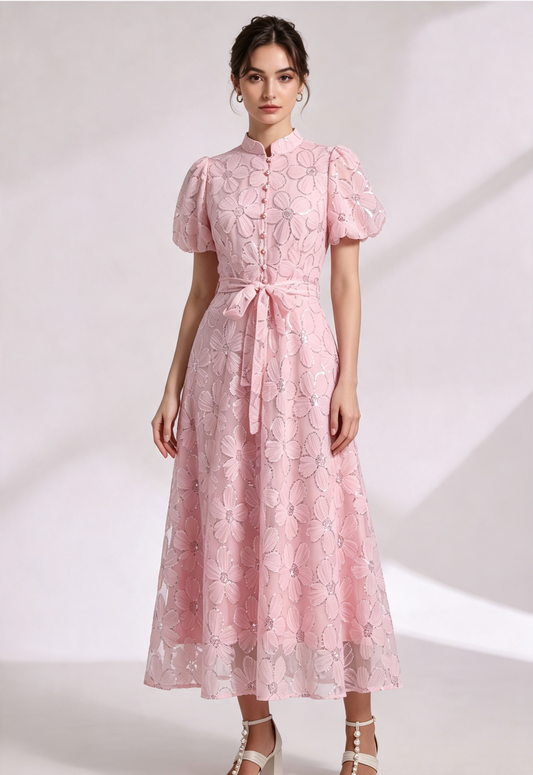 Light Pink Sheer Organza A-Line Midi Dress with Floral Applique