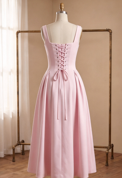 Light Pink Structured Satin Fit-and-Flare Midi Dress