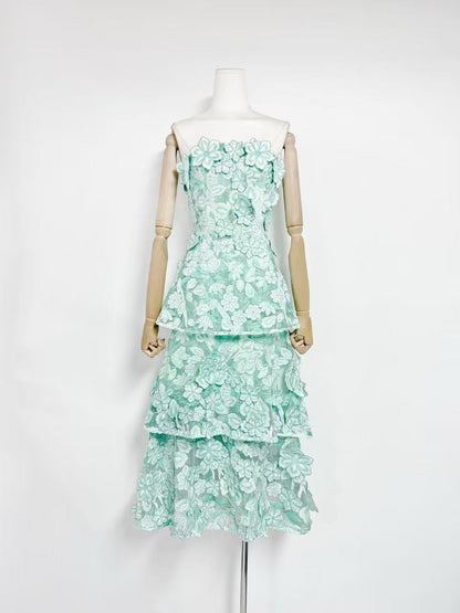 Mint Green 3D Floral Applique Lace A-Line Tiered Dress