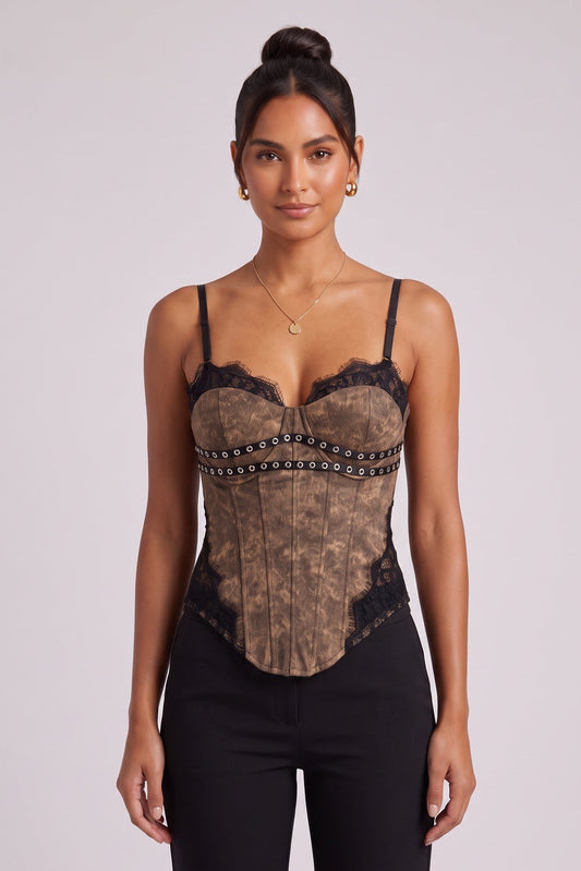 Distressed Brown Structured Bustier Corset Top with Black Lace Trim distressed brown, tan distressed coated cotton or faux leather corset top - product view 2