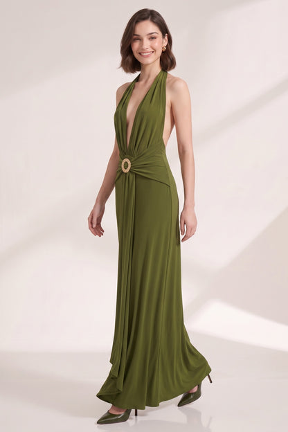 Olive Green Fluid Jersey Column Dress olive green fluid jersey dress - product view 3