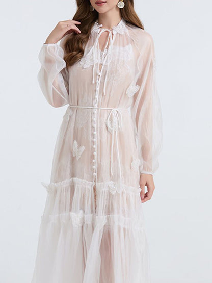 See-through blouse maxi dress with lace skirt in white