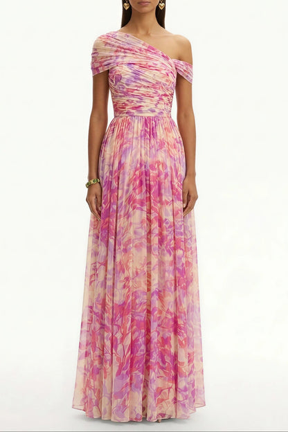 tiffany Floral Skew Collar Chiffon Maxi Dress - pink