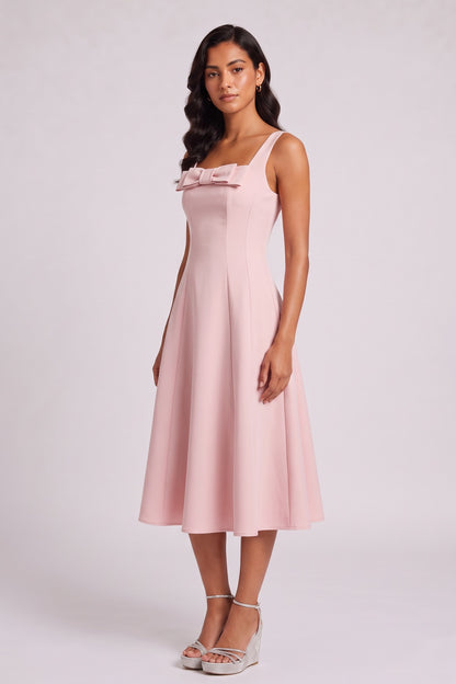 Square Strap Front Bow Satin Midi Swing Dress
