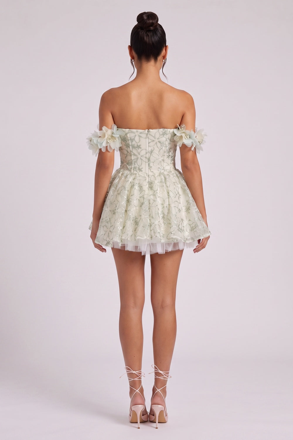 Pale Sage Green Organza Fit-and-Flare Mini Dress with Floral Embroidery pale sage green, cream organza dress - product view 5