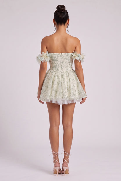Pale Sage Green Organza Fit-and-Flare Mini Dress with Floral Embroidery pale sage green, cream organza dress - product view 5