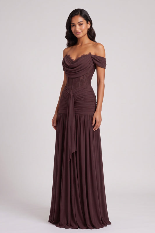 dark brown fine mesh or jersey fitted corset bodice with gathered floor-length skirt gown dark brown fine mesh or jersey gown - product view 3