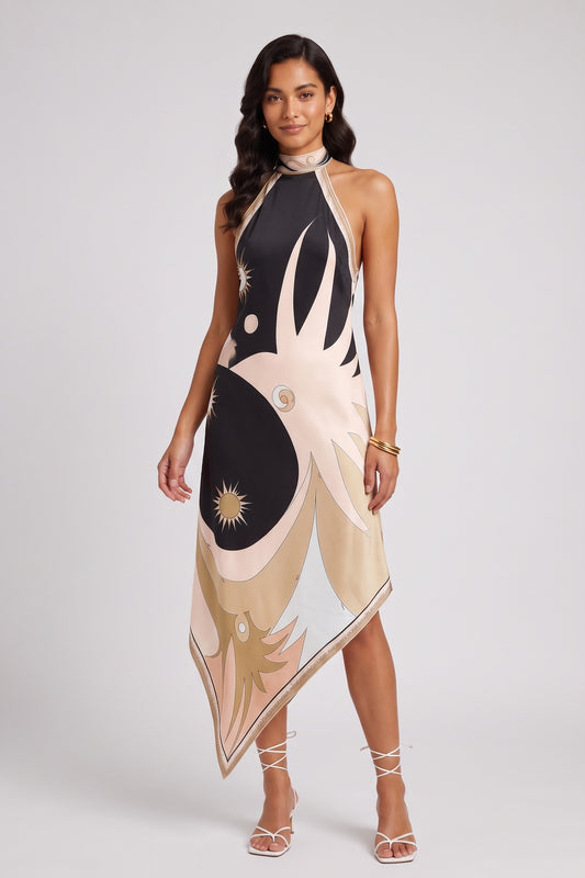 black silk or satin halter neck, backless, draped scarf silhouette dress black, cream, beige silk or satin dress - product view 1