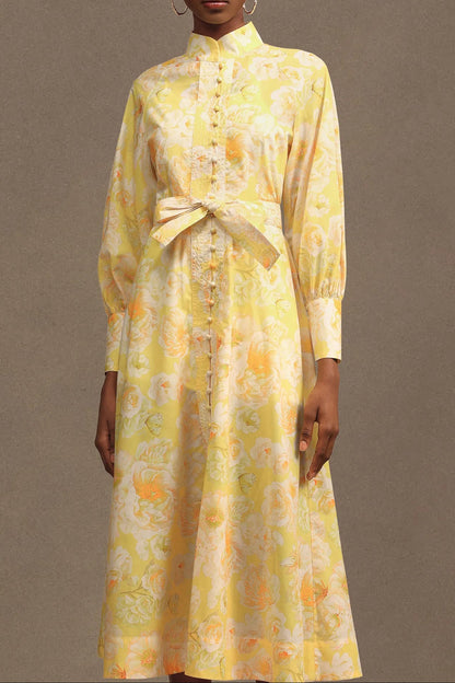 xaviera Long Sleeve Floral Printed Chiffon Maxi Dress in yellow