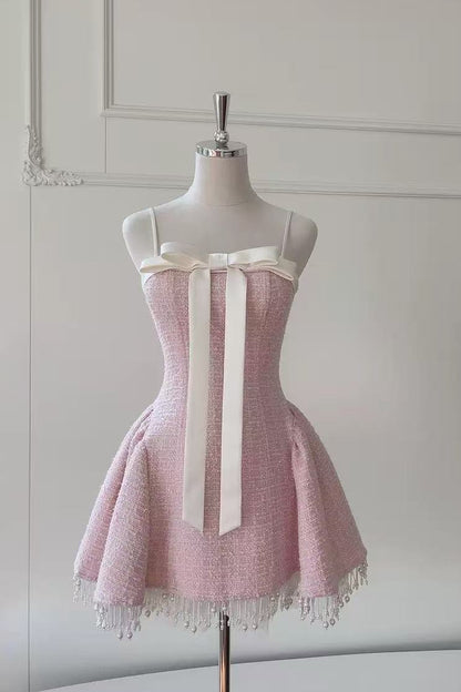 TWEED BOW MINI DRESS IN PINK