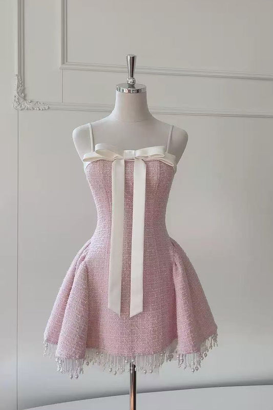TWEED BOW MINI DRESS IN PINK