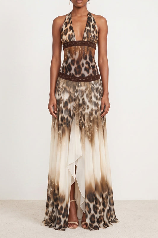 Halter Deep V Leopard Print Beaded Waist Split Maxi Dress