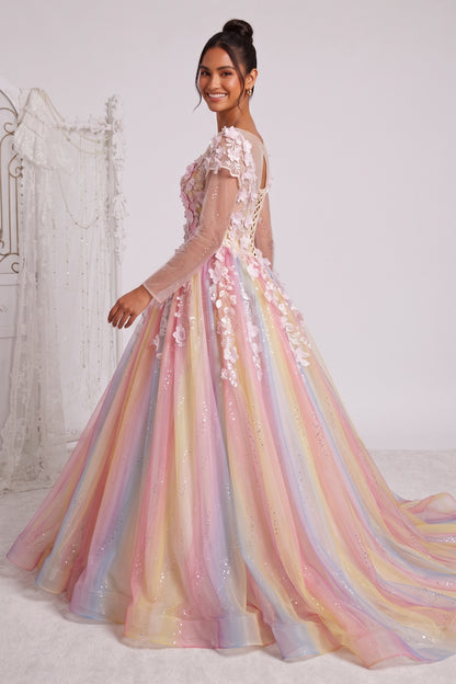Pastel Gradient Tulle Ballgown Gown with 3D Floral Appliques pastel pink, pastel yellow, pastel blue, pastel purple tulle gown - product view 3