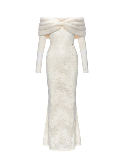 julia Off-Shoulder Fur Collar Long Sleeve lace maxi dress in white