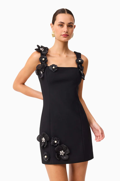 3D Flower Diamond embellished mini dress in black