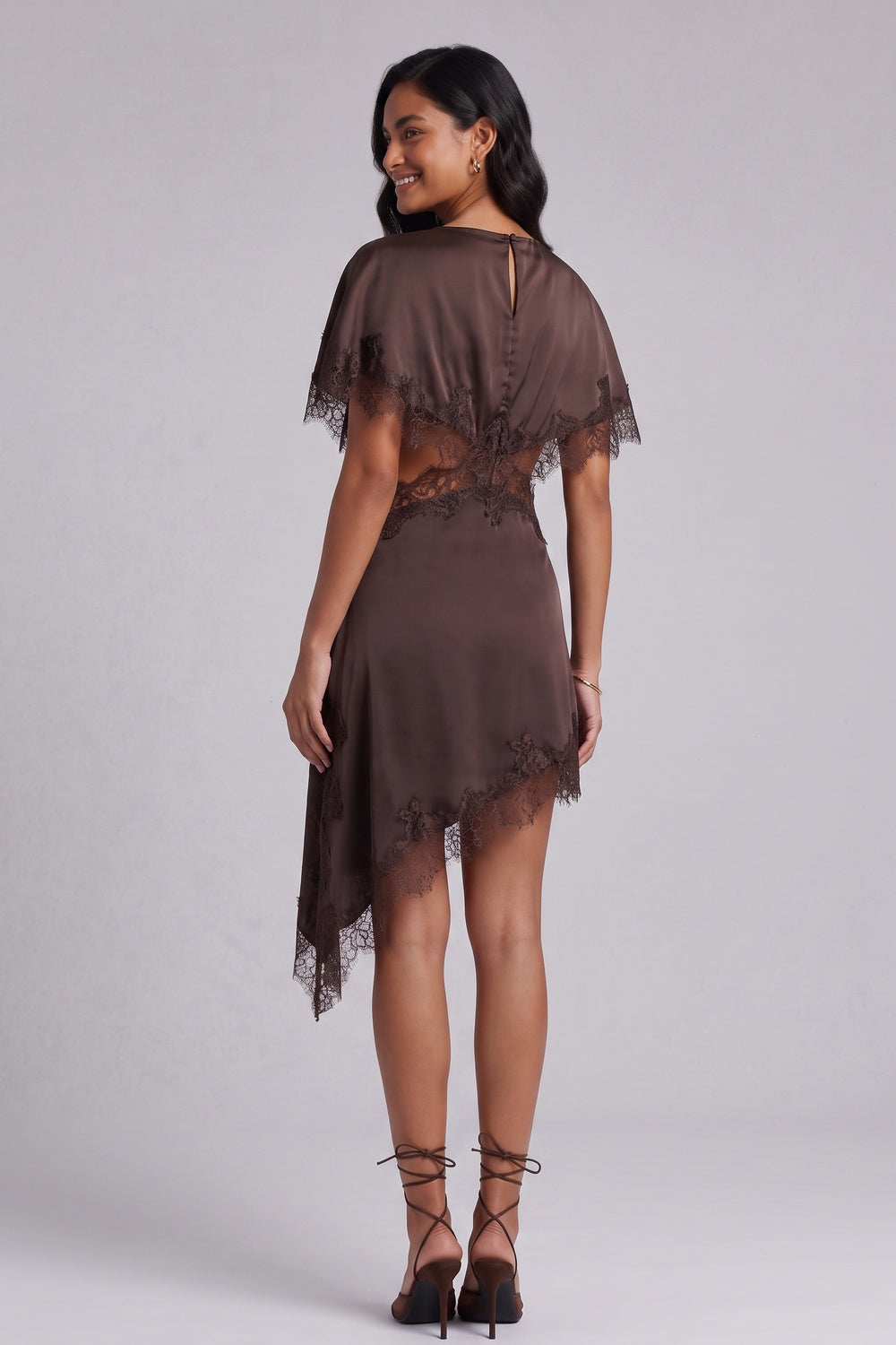 Chocolate Brown Satin Asymmetrical A-Line Dress with Capelet Overlay chocolate brown satin dress - product view 5