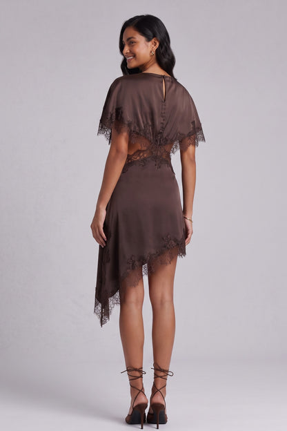 Chocolate Brown Satin Asymmetrical A-Line Dress with Capelet Overlay chocolate brown satin dress - product view 5