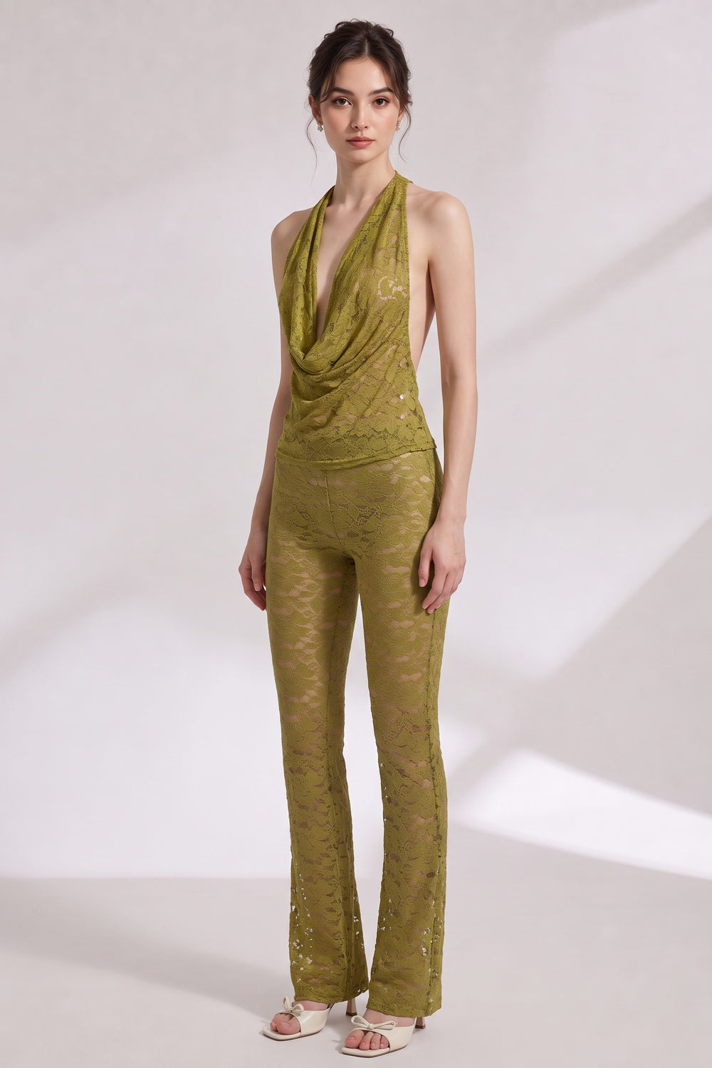 olive green floral lace fitted halter top with draped cowl neck and open back; high-waisted slim-fit pants flaring from the knee two-piece set (halter top and matching pants) olive green floral lace two-piece set (halter top and matching pants) - pro