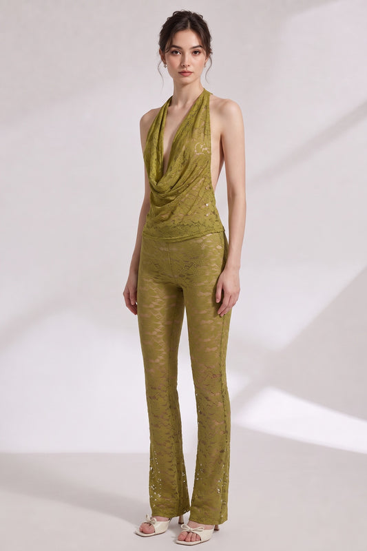 olive green floral lace fitted halter top with draped cowl neck and open back; high-waisted slim-fit pants flaring from the knee two-piece set (halter top and matching pants) olive green floral lace two-piece set (halter top and matching pants) - pro