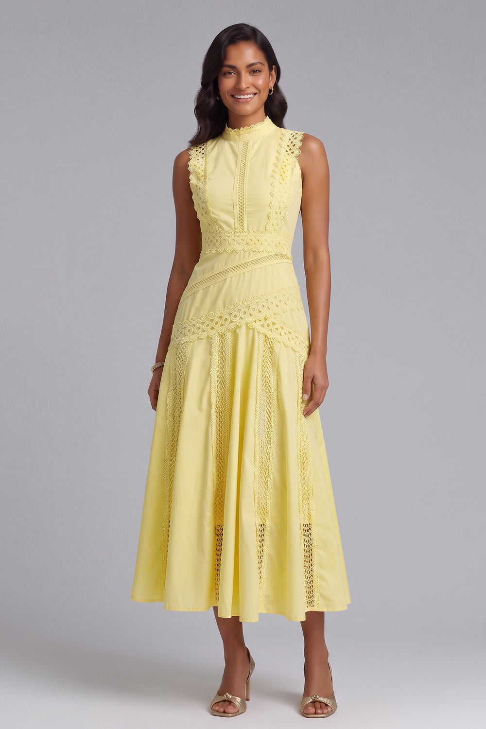 Yellow A-Line Midi Dress with Lace Inserts yellow lightweight woven cotton-blend dress - product view 3