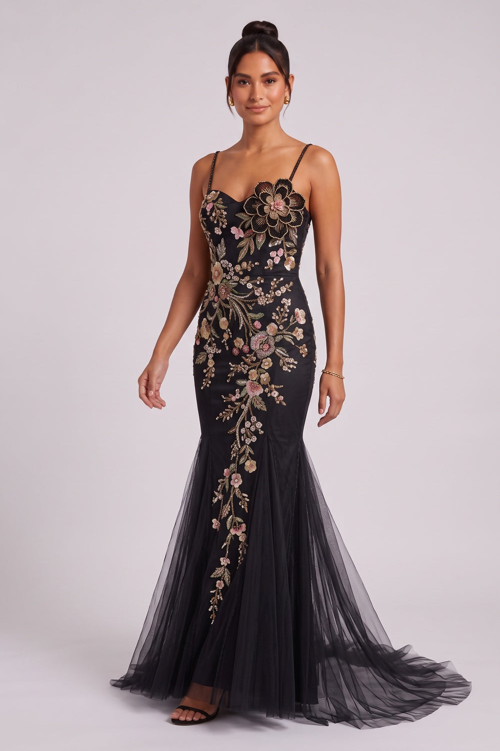 Black Tulle Mermaid Gown with Floral Beadwork black tulle gown - product view 4