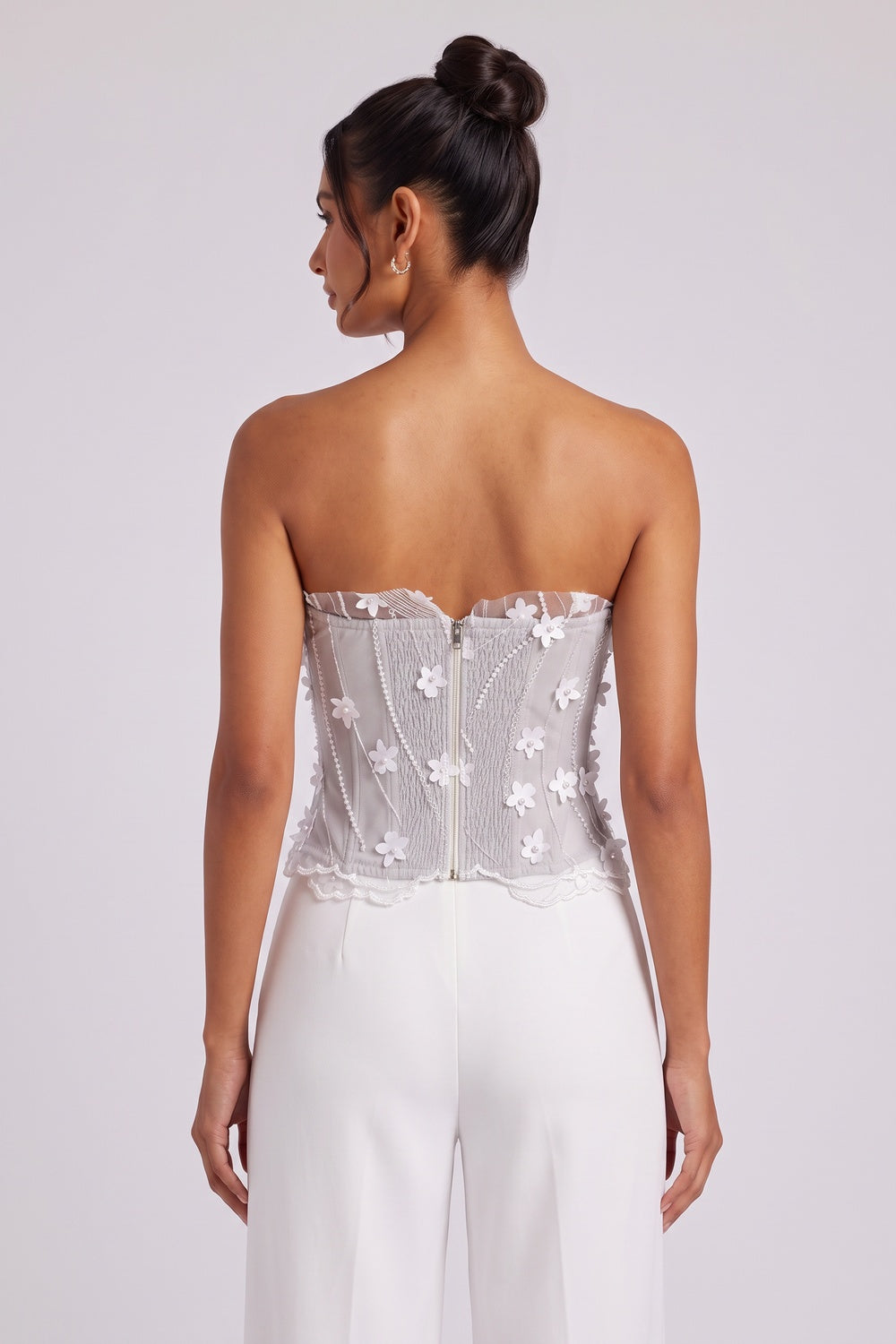 Light Grey Mesh Structured Corset Top with Floral Appliqué light grey mesh corset top - product view 5