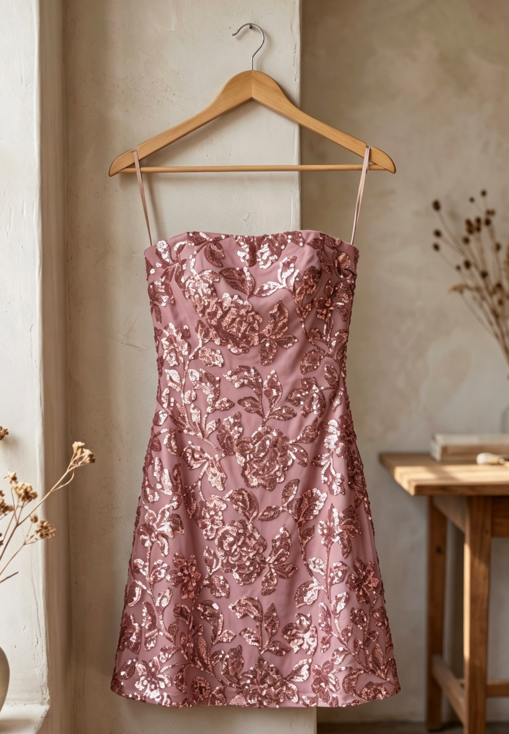 Dusty Pink Sequined Mesh Overlay A-Line Mini Dress