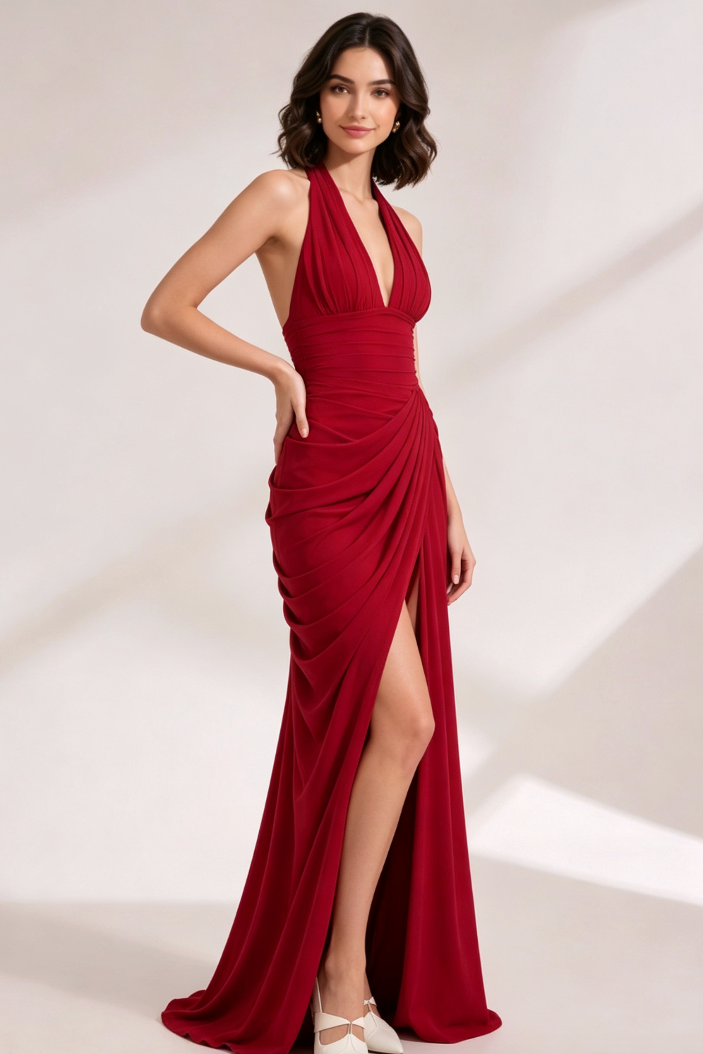 Deep Red Jersey Blend Column with Draped Overlay Gown