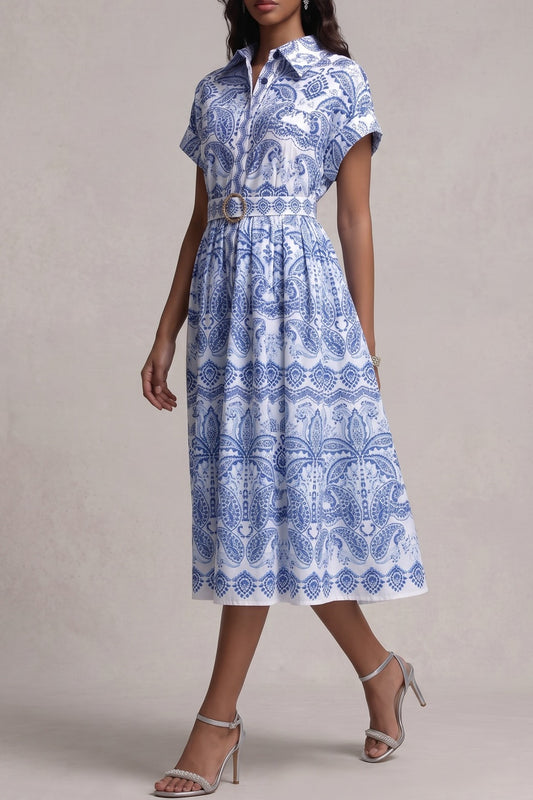 Cuffed Short Sleeve Shirt Midi Dress with Printed Belt