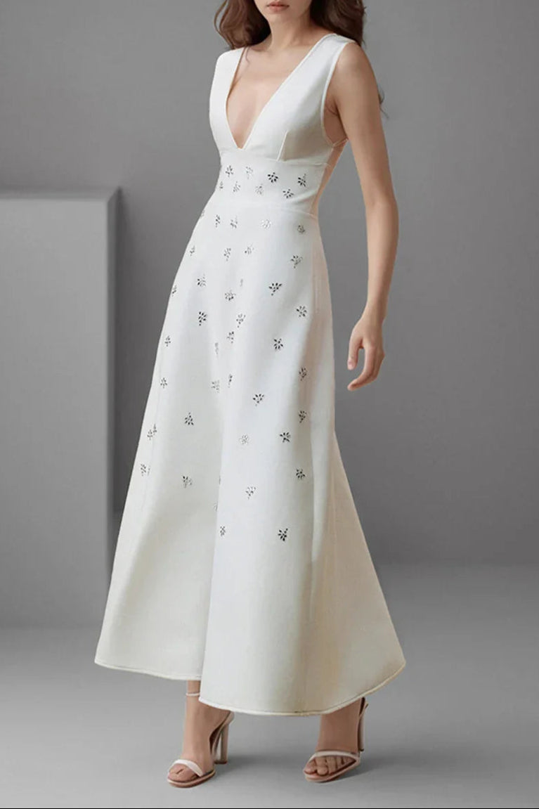 lily diamond V-neck midi dress in white